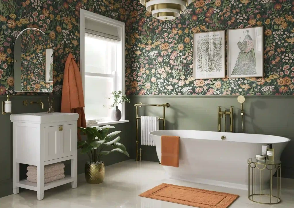 A stylish bathroom features floral wallpaper, white vanity, freestanding tub, orange accents, and green plants, creating a vibrant, cozy atmosphere.