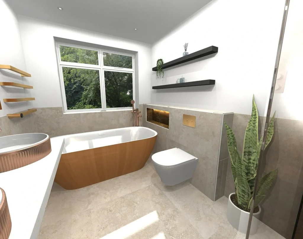 Modern bathroom with freestanding wooden bathtub, large window, ceramic sink, floating shelves, potted plant, and minimalistic decor. Light tiles and natural light.