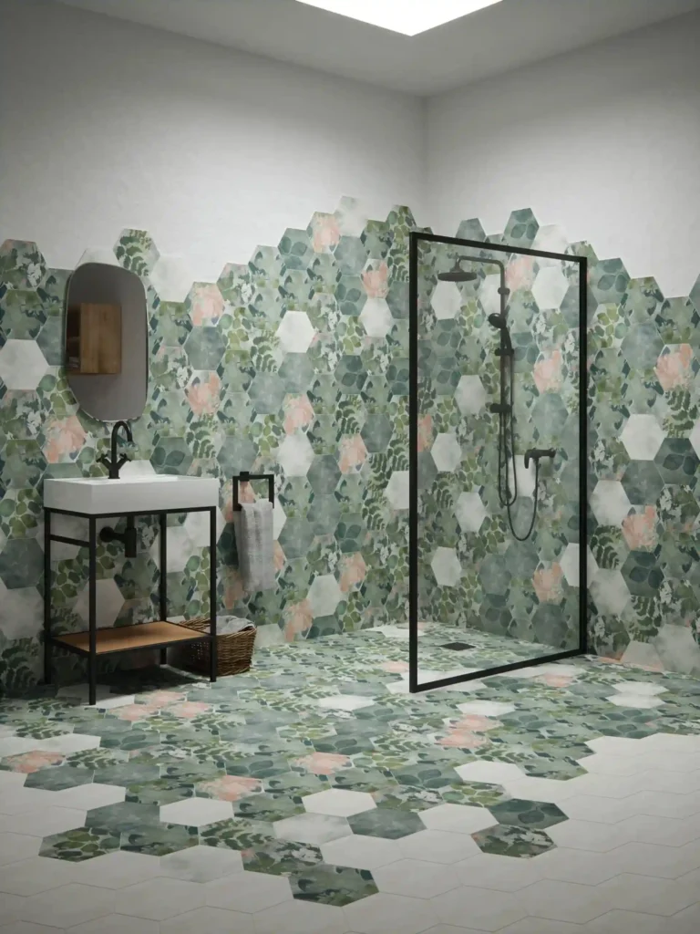 Bathroom with hexagonal floral tiles transitions into white. Features a glass-enclosed shower, sink with a mirror, basket, and towel holder.