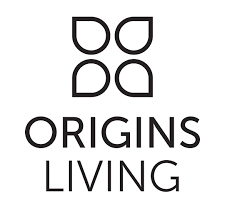 A minimalistic black and white logo features abstract geometric shapes above the text "Origins Living" in bold, modern font.