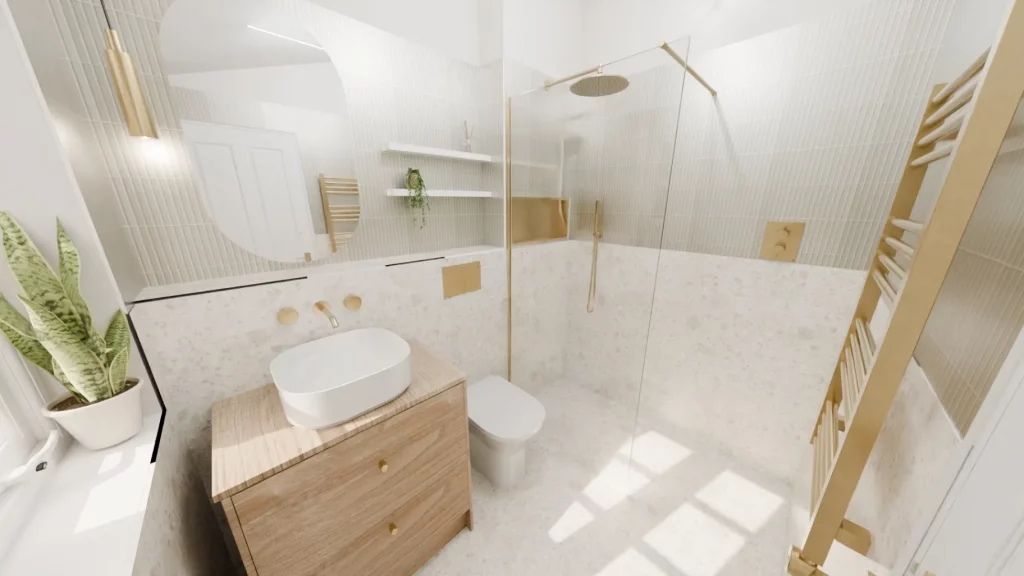 spa bathroom, warm, muted tones, tactile natural materials, and organic textures