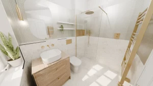 spa bathroom, warm, muted tones, tactile natural materials, and organic textures